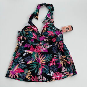 Women's Shapermint Essentials Black Multicolor Floral Halter Tankini 2XL
